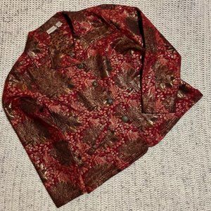 Chico's Burgundy Gold Metallic Brocade Jacket w/Metal Decorative Buttons…
